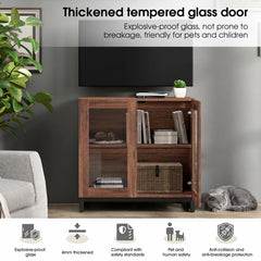 WAMPAT Modern TV Stand with Glass Doors for 80-120 inch TVs, 4 in 1 Entertainment Center Console with 4 Drawers and Metal Base for Living Room, Bedroom, Brown