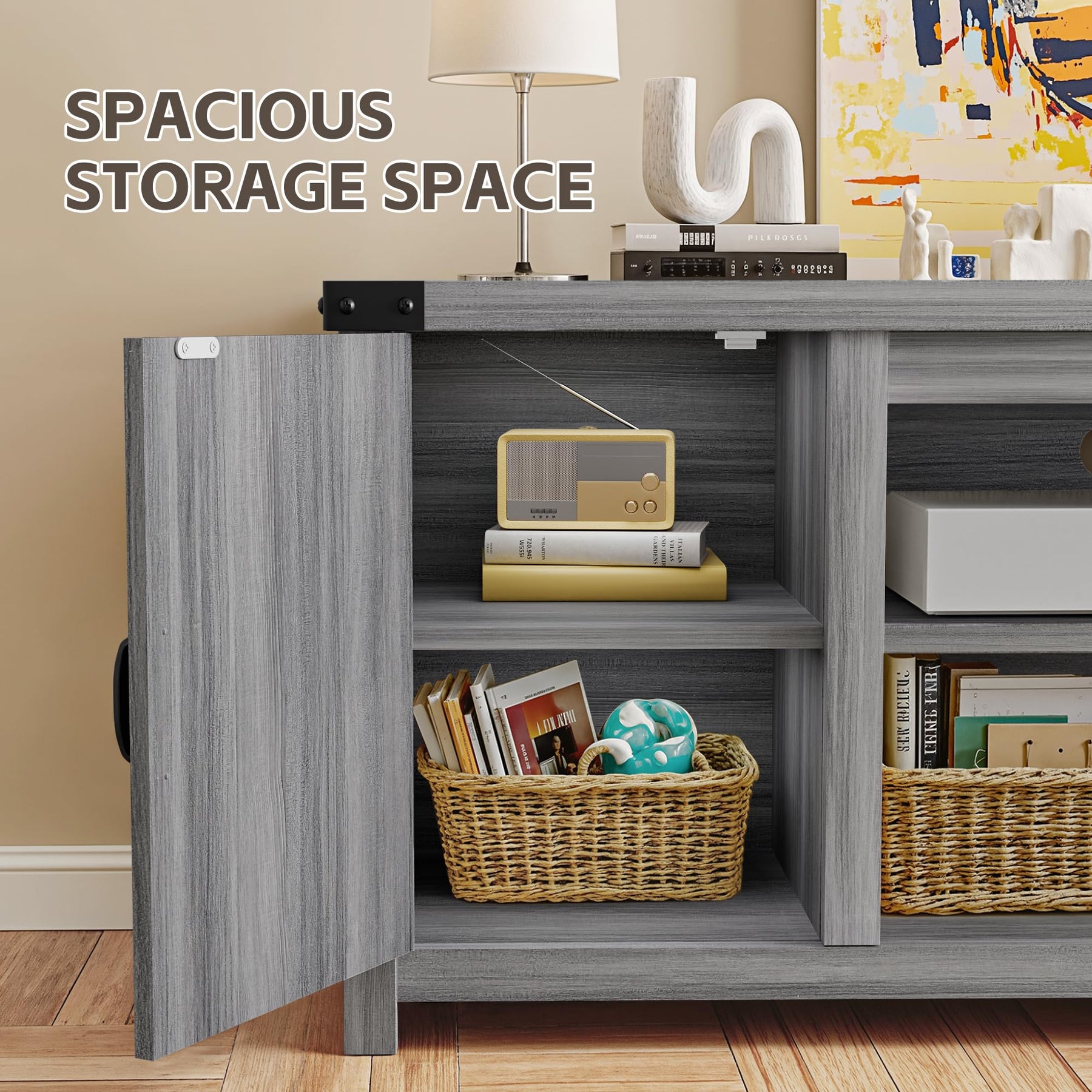 YESHOMY Modern Farmhouse TV Stand with Barn Door for 65 Inch TV, Gray Wash