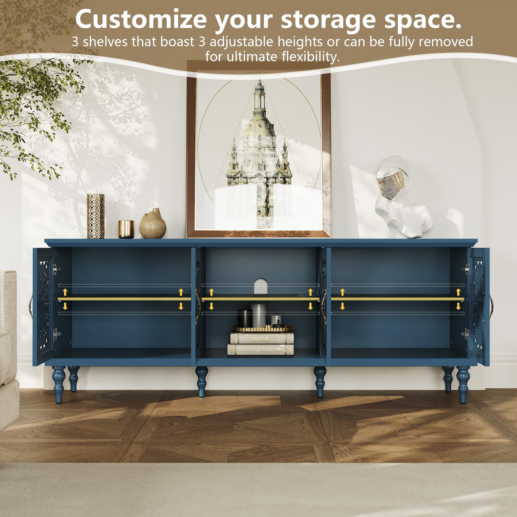 ARTPOWER 67" Retro TV Stand with Hollow Carved Doors for Living Room, Blue