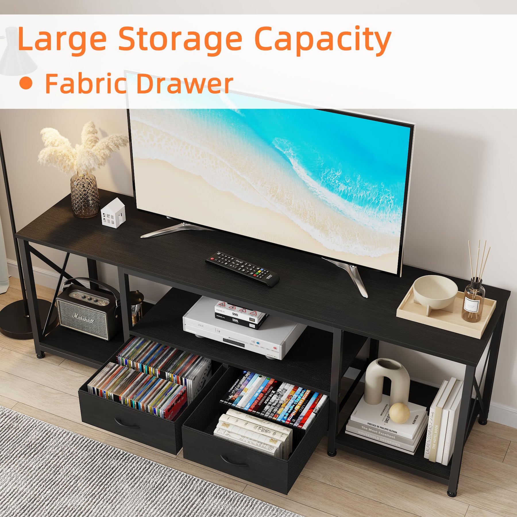 GYIIYUO TV Stand with Fabric Drawer - Entertainment Center and Industrial TV Console Table with Open Storage Shelves for Living Room, Bedroom - 55.1" Rustic Brown