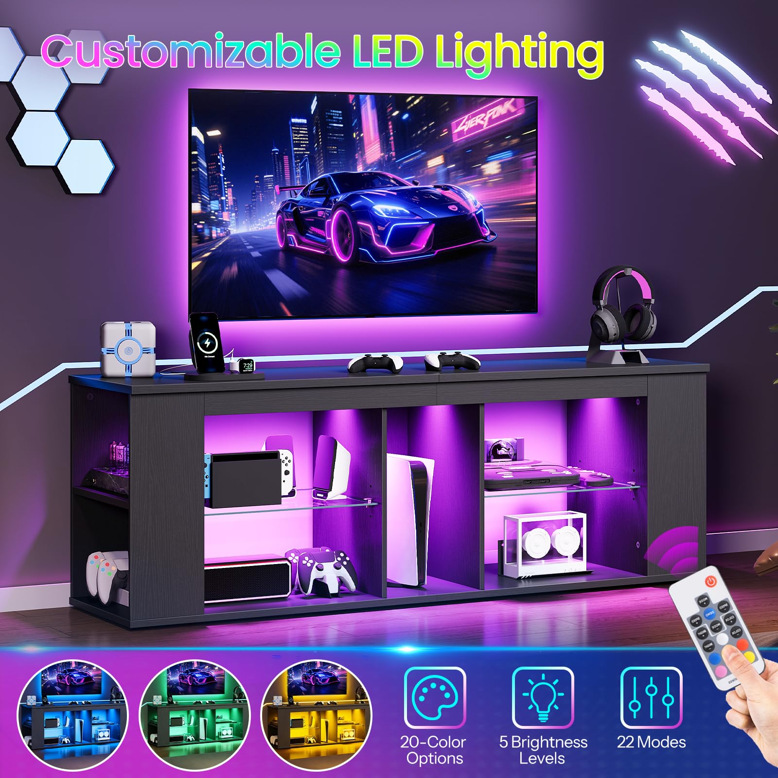 CHOEZON 55" TV Stand for up to 65" TVs with RGB LED Lights, Built-in Power Outlet, Adjustable Glass Shelves & Open Storage, Modern Media Console for Living Room & Game Room, Black MDS05UDBB