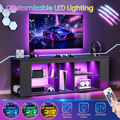 CHOEZON 55" TV Stand for up to 65" TVs with RGB LED Lights, Built-in Power Outlet, Adjustable Glass Shelves & Open Storage, Modern Media Console for Living Room & Game Room, Black MDS05UDBB