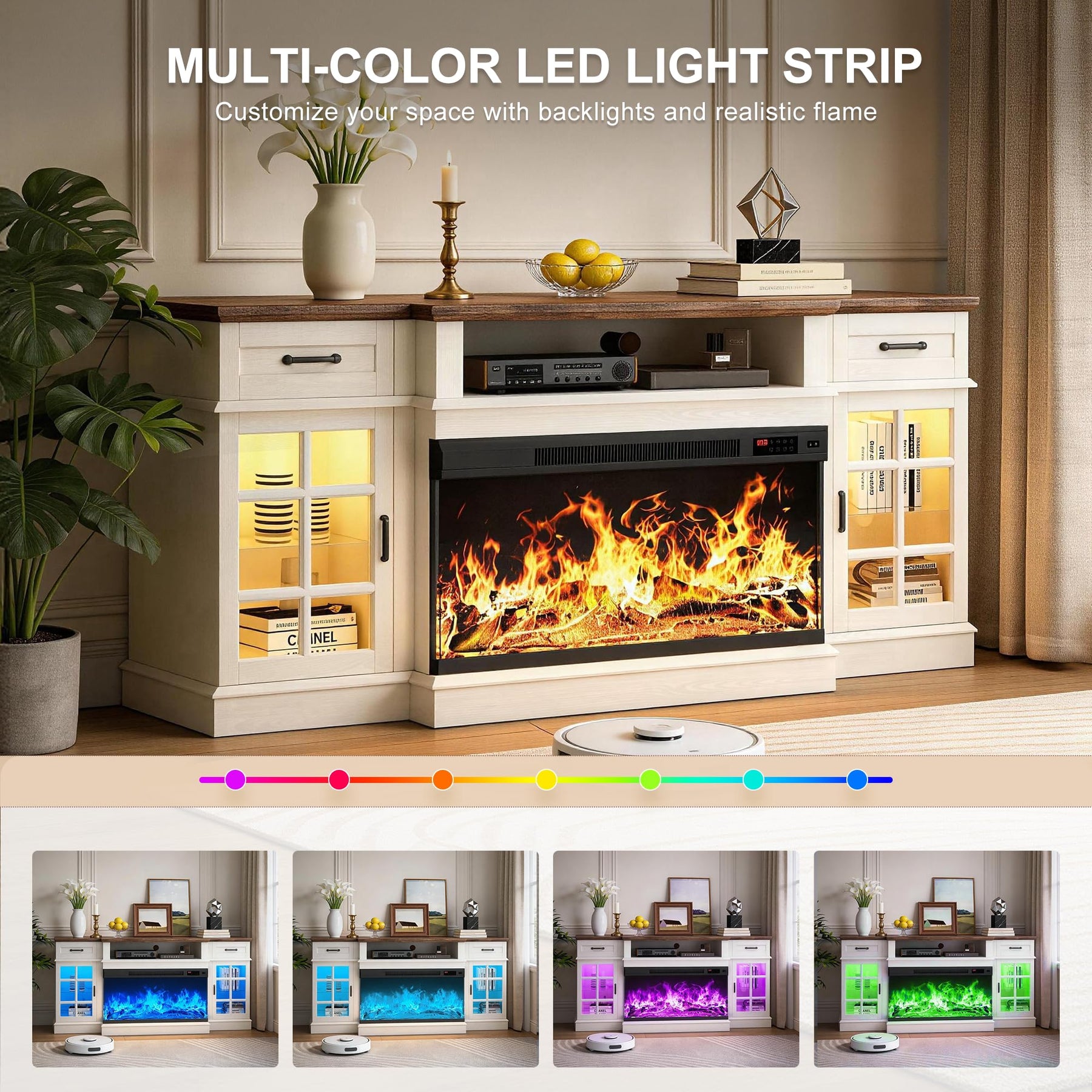 MXV 70" Fireplace TV Stand, 3-Sided Glass Fireplace and Modern Entertainment Center, Wooden Media Console with Glass Doors & Storage Drawers, LED Light, for Living Room, Antique White