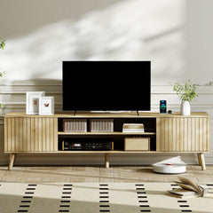 YOSHOOT 63" TV Stand for Living Room, Mid Century Modern Entertainment Center with Power Outlet Fit TVs Up to 70 inch, Fluted Media Console with Open Shelves and Storage Cabinets for Bedroom, Natural