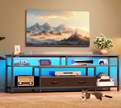 Huuger 63 Inch LED TV Stand for 65 70 Inch TV, Entertainment Center with Open Shelves and Power Outlets, TV Console for Living Room, Media Console with Drawers, Black