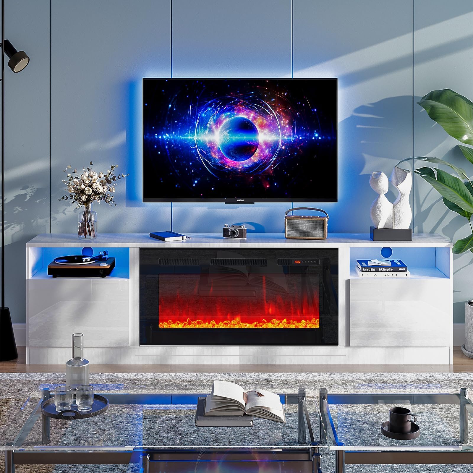 oneinmil Fireplace TV Stand with 36" Electric Fireplace, LED Light Entertainment Center, Modern Wood Texture Entertainment Stand with Highlight Storage Cabinet for TVs Up to 80", 70 inches, Black