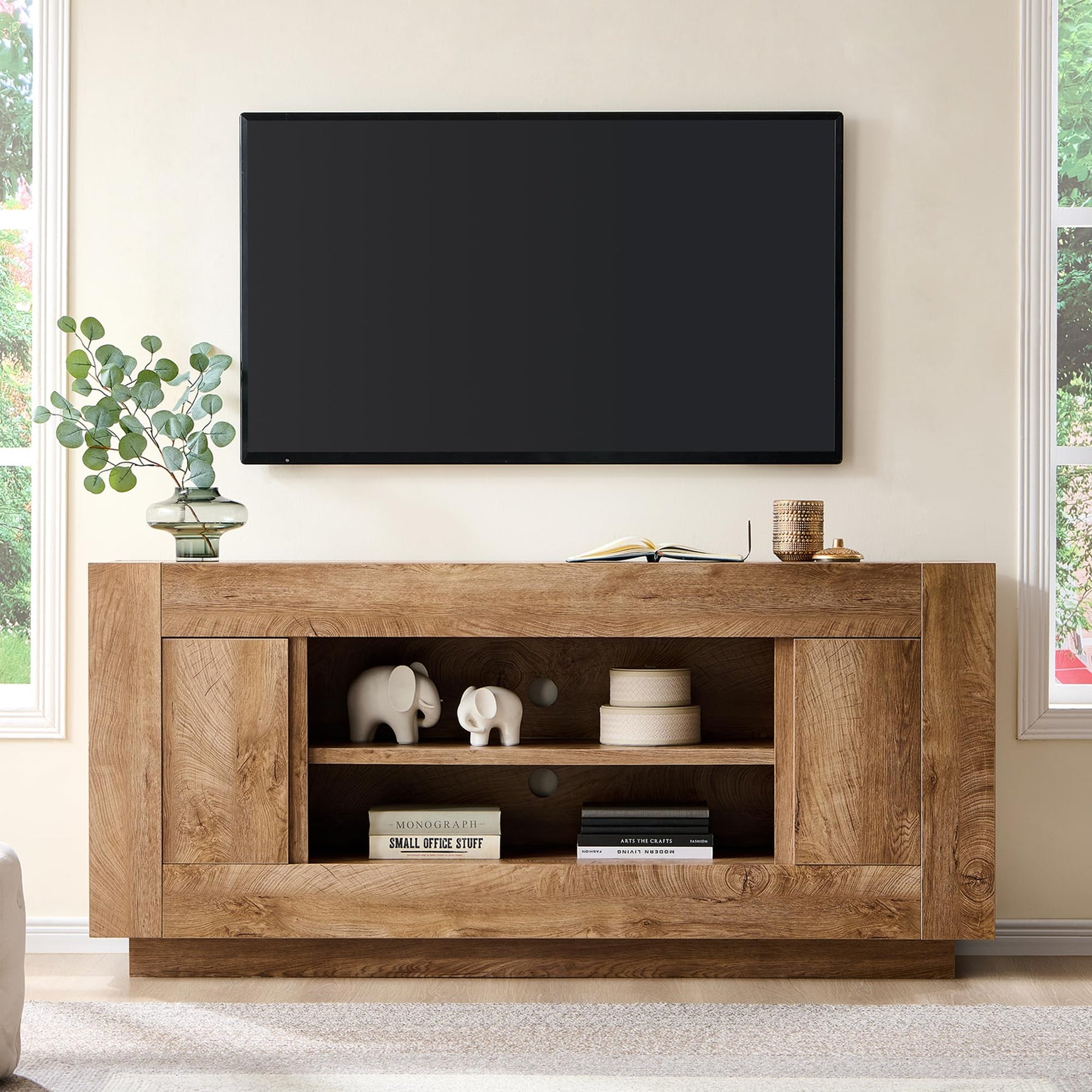 OKD 70" TV Stand for 80" TV, Thick Block Media Console, Antique White
