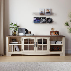 LINSY HOME Farmhouse TV Stand for 65 Inch TV, Wood Entertainment Center with Glass Door Storage Cabinet & Adjustable Shelves, Large Sturdy TV Console Table for Living Room Bedroom