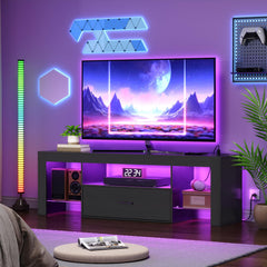HOOBRO LED TV Stand with Power Outlets to 65 inch TV, Gaming Entertainment Center with Glass Shelves and Large Drawer, Modern Media TV Console Table for Living Room Bedroom, White WT14UDDS01