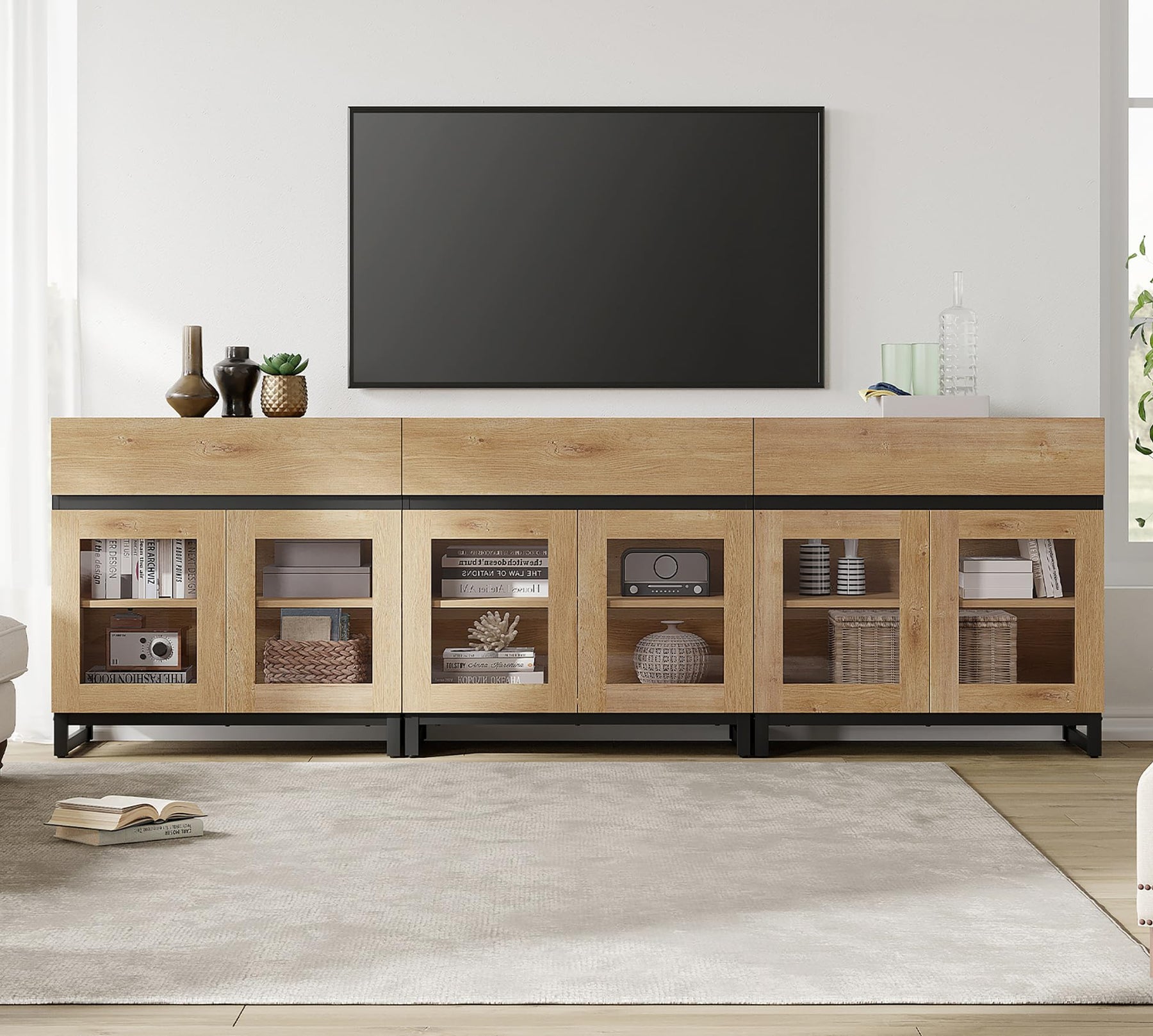 WAMPAT Modern TV Stand with Glass Doors for 80-120 inch TVs, 4 in 1 Entertainment Center Console with 4 Drawers and Metal Base for Living Room, Bedroom, Brown