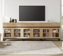 WAMPAT Modern TV Stand with Glass Doors for 80-120 inch TVs, 4 in 1 Entertainment Center Console with 4 Drawers and Metal Base for Living Room, Bedroom, Brown
