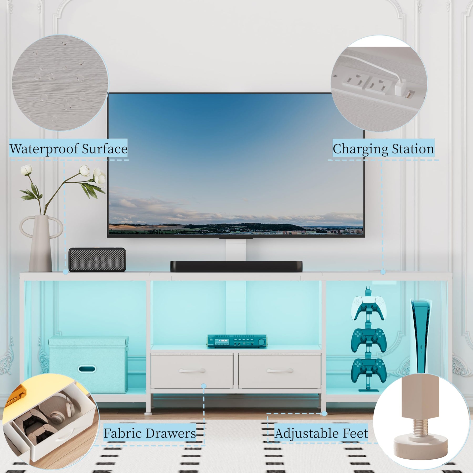 NinPeen 63" W TV Stand with Mount,LED & Charging Station for 55,65,75" TV