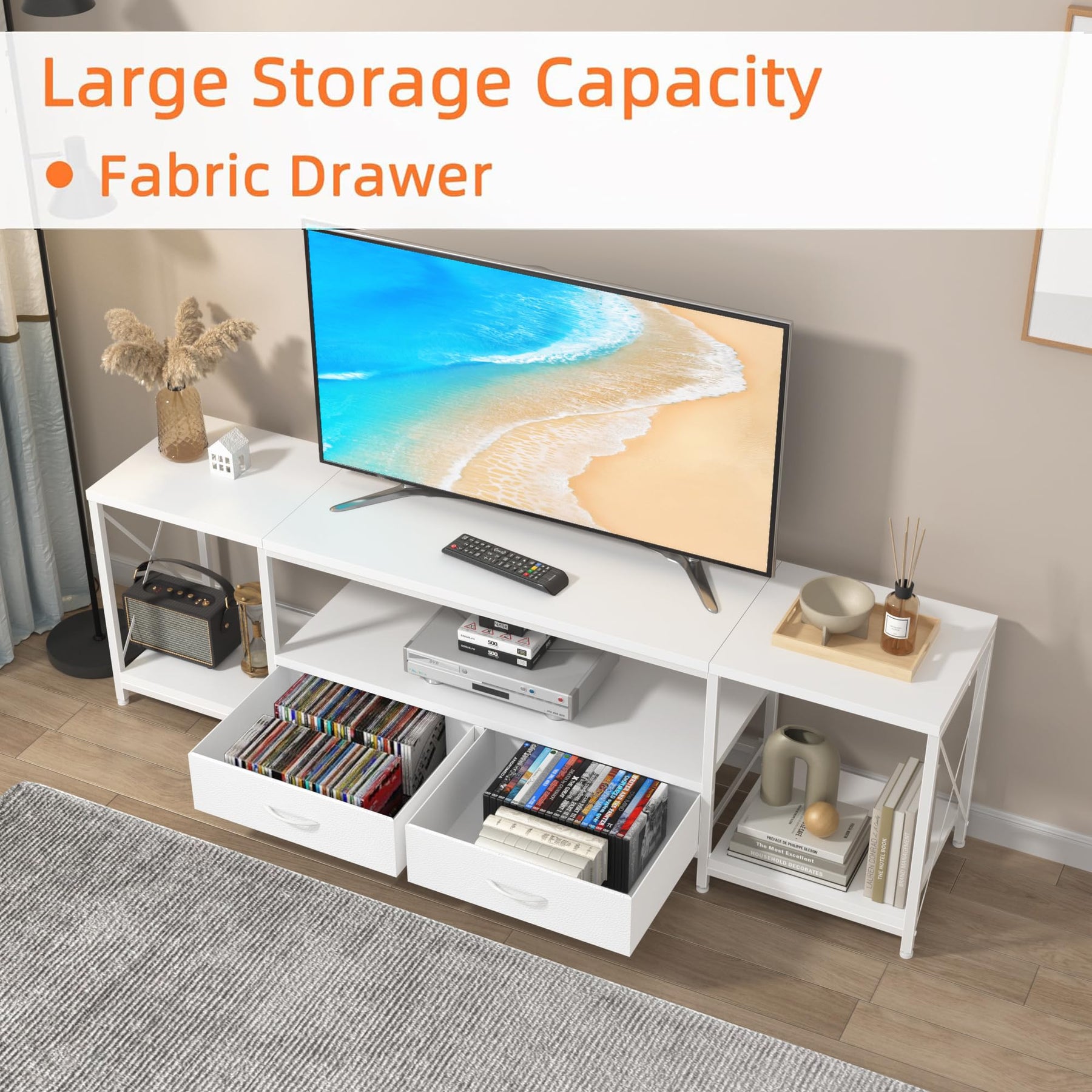 GYIIYUO TV Stand with Fabric Drawer - Entertainment Center and Industrial TV Console Table with Open Storage Shelves for Living Room, Bedroom - 55.1" Rustic Brown