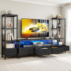 DWVO Industrial LED TV Stand for 65 Inch TVs, Entertainment Center with 2 4-Tier Bookshelves & Power Outlets, Media Console Table with 5 Drawers & Open Storage for Living Room, Grey