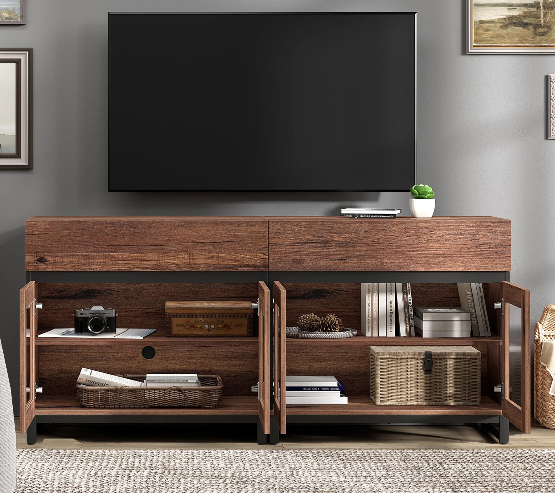 WAMPAT Modern TV Stand with Glass Doors for 80-120 inch TVs, 4 in 1 Entertainment Center Console with 4 Drawers and Metal Base for Living Room, Bedroom, Brown