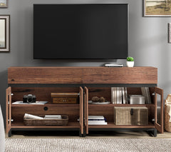 WAMPAT Modern TV Stand with Glass Doors for 80-120 inch TVs, 4 in 1 Entertainment Center Console with 4 Drawers and Metal Base for Living Room, Bedroom, Brown