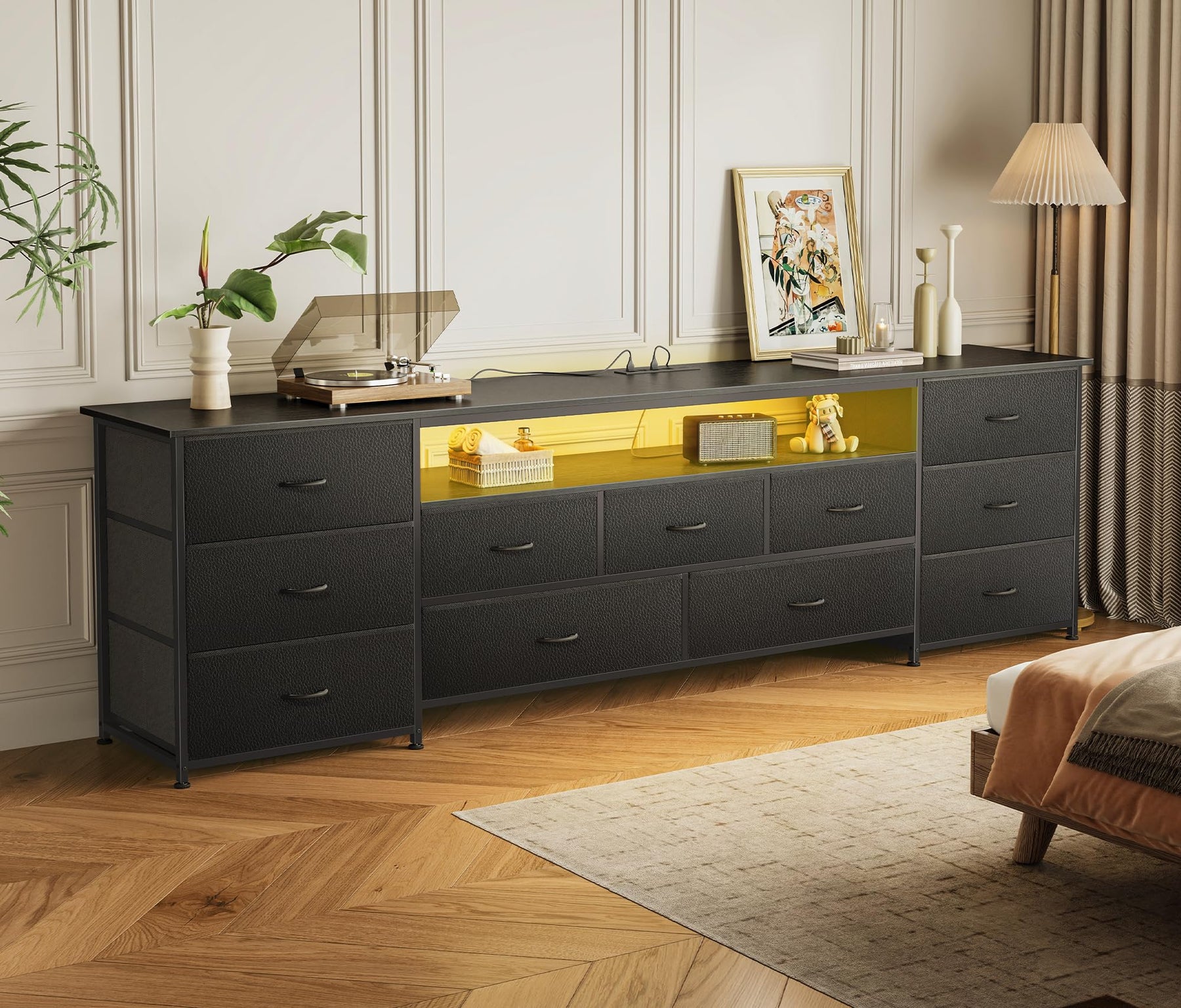Huuger 63 Inch TV Stand for 65, 70 Inch TV, 11 Drawer Long Dresser with Power Outlets and LED Lights, Entertainment Center with Storage, Black Dresser with PU Leather Surface