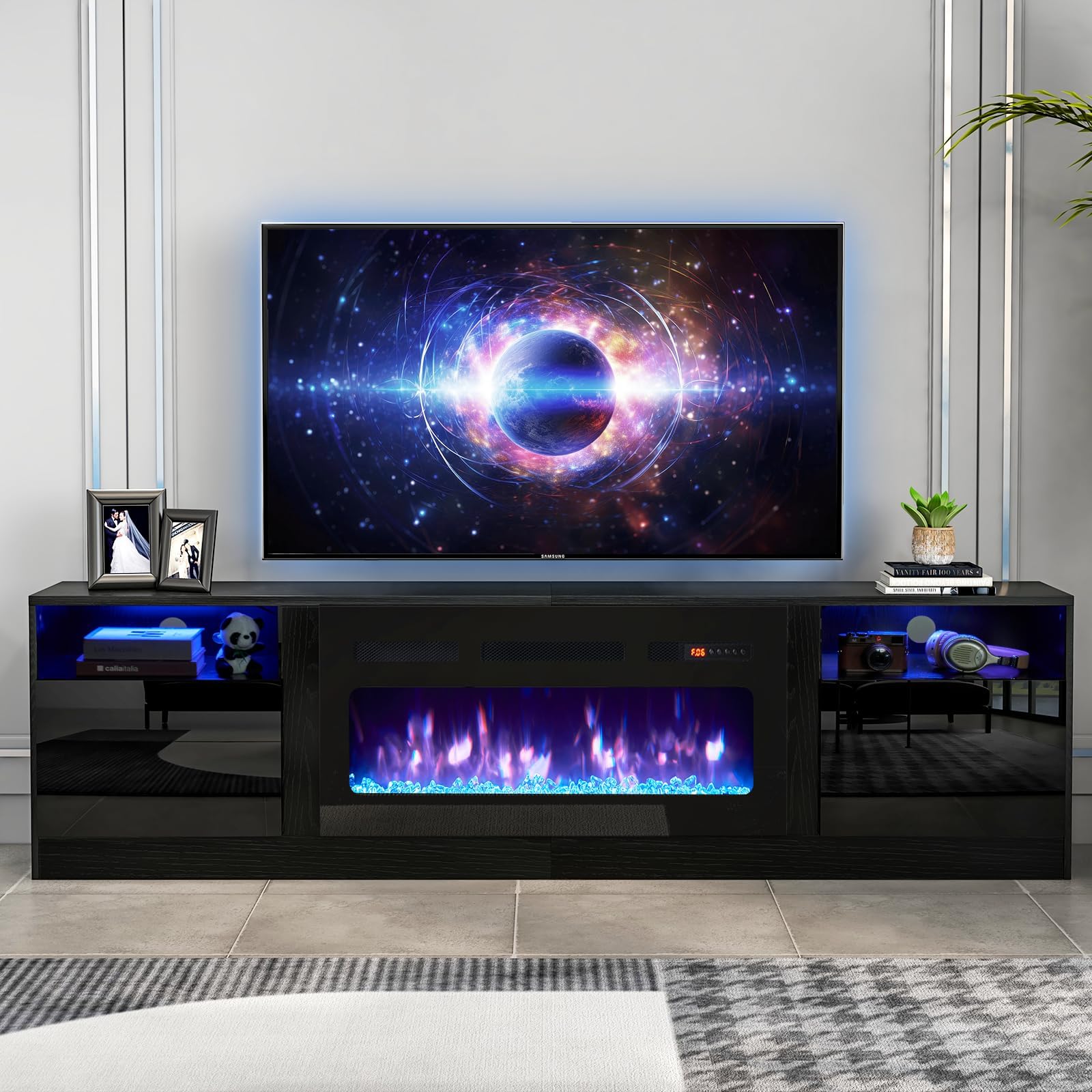 oneinmil Fireplace TV Stand with 36" Electric Fireplace, LED Light Entertainment Center, Modern Wood Texture Entertainment Stand with Highlight Storage Cabinet for TVs Up to 80", 70 inches, Black