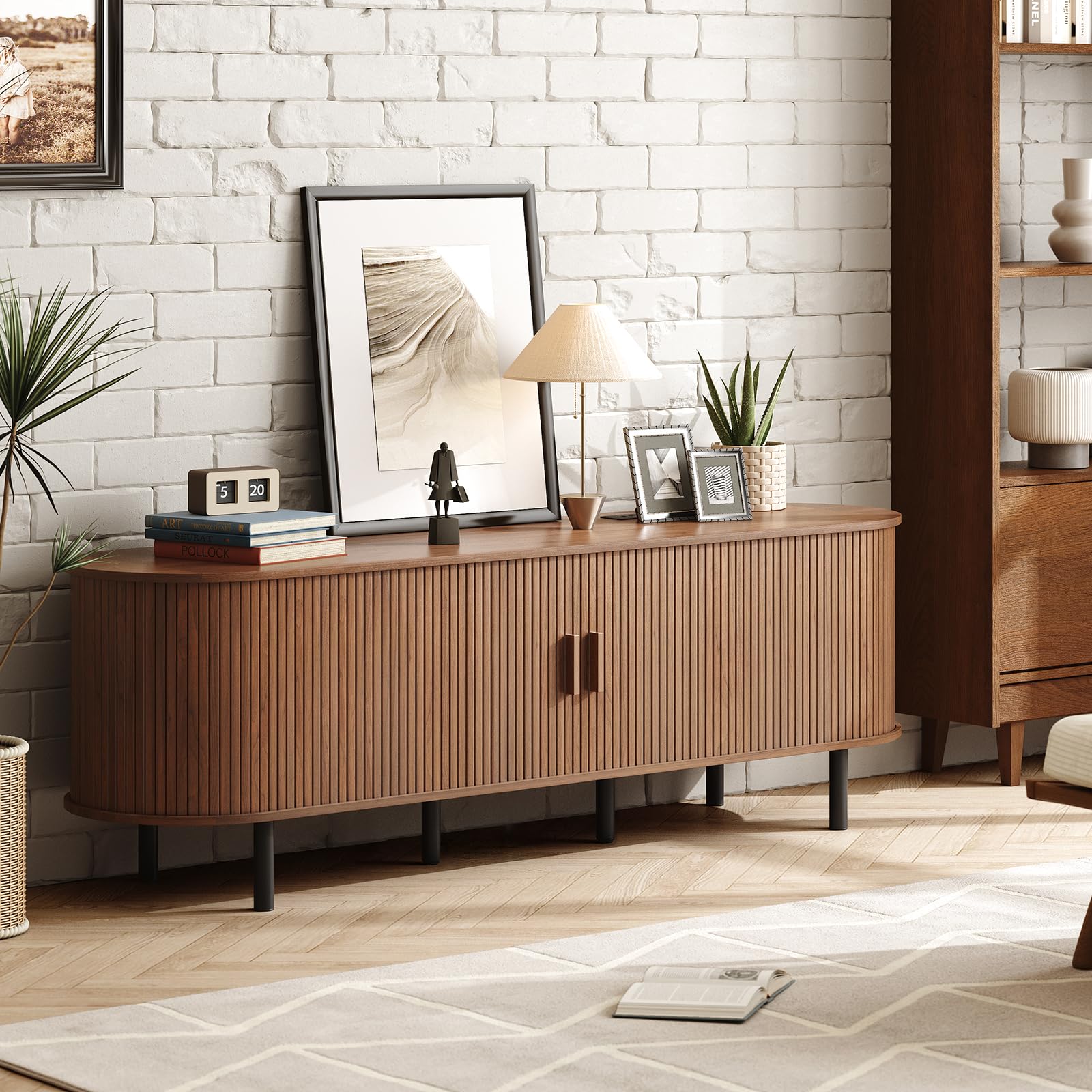 ONBRILL 70.8" TV Stand with Power Outlet for TVs up to 75 Inch, Entertainment Center with Storage and Adjustable Shelves, Modern Media Console with Sliding Doors for Living Room, Walnut