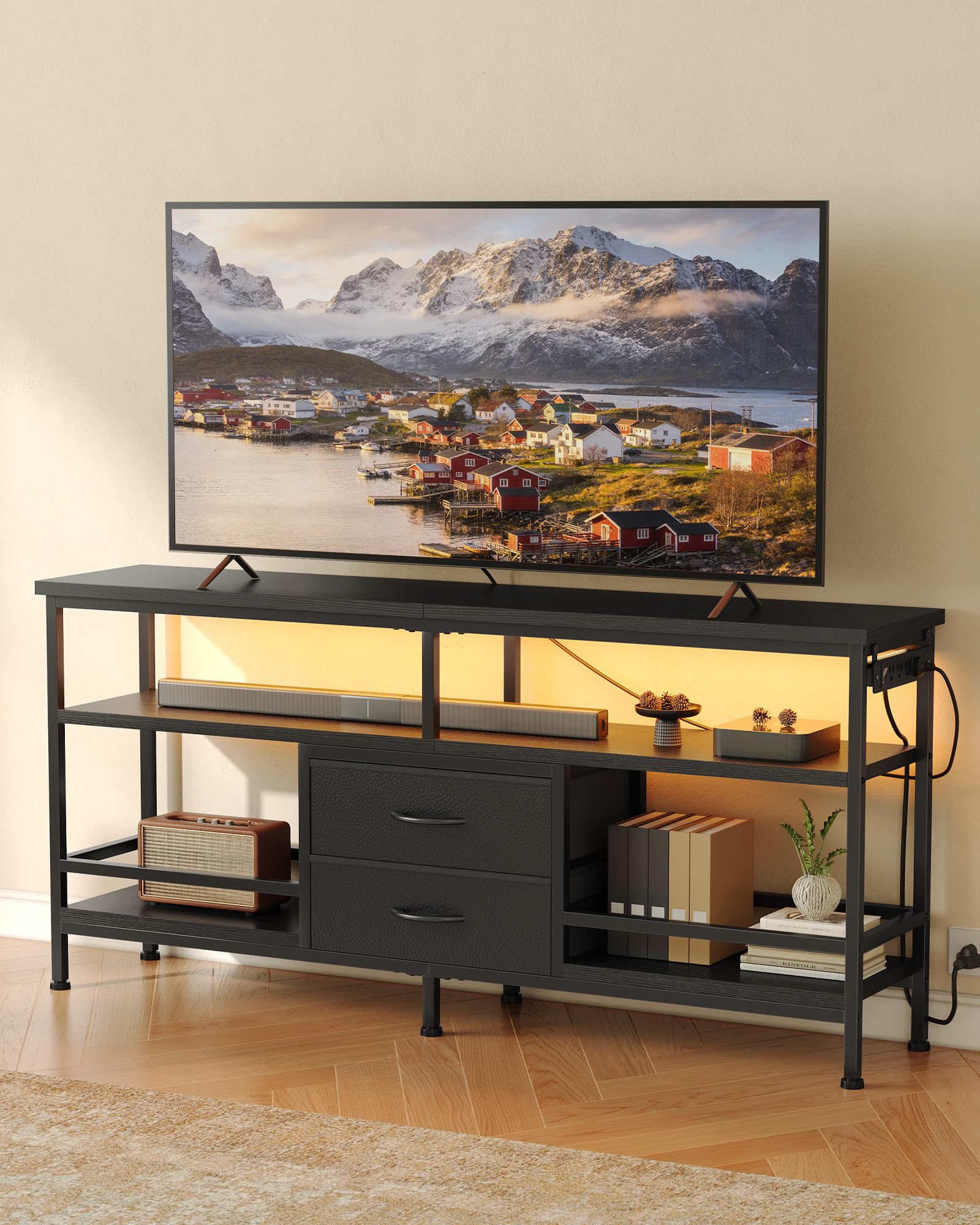 Lazzanto 63in TV Stand for 55-75in TVs, LED Lights, Charging Station, Black