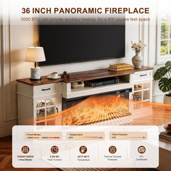 MXV 70" Fireplace TV Stand, 3-Sided Glass Fireplace and Modern Entertainment Center, Wooden Media Console with Glass Doors & Storage Drawers, LED Light, for Living Room, Antique White