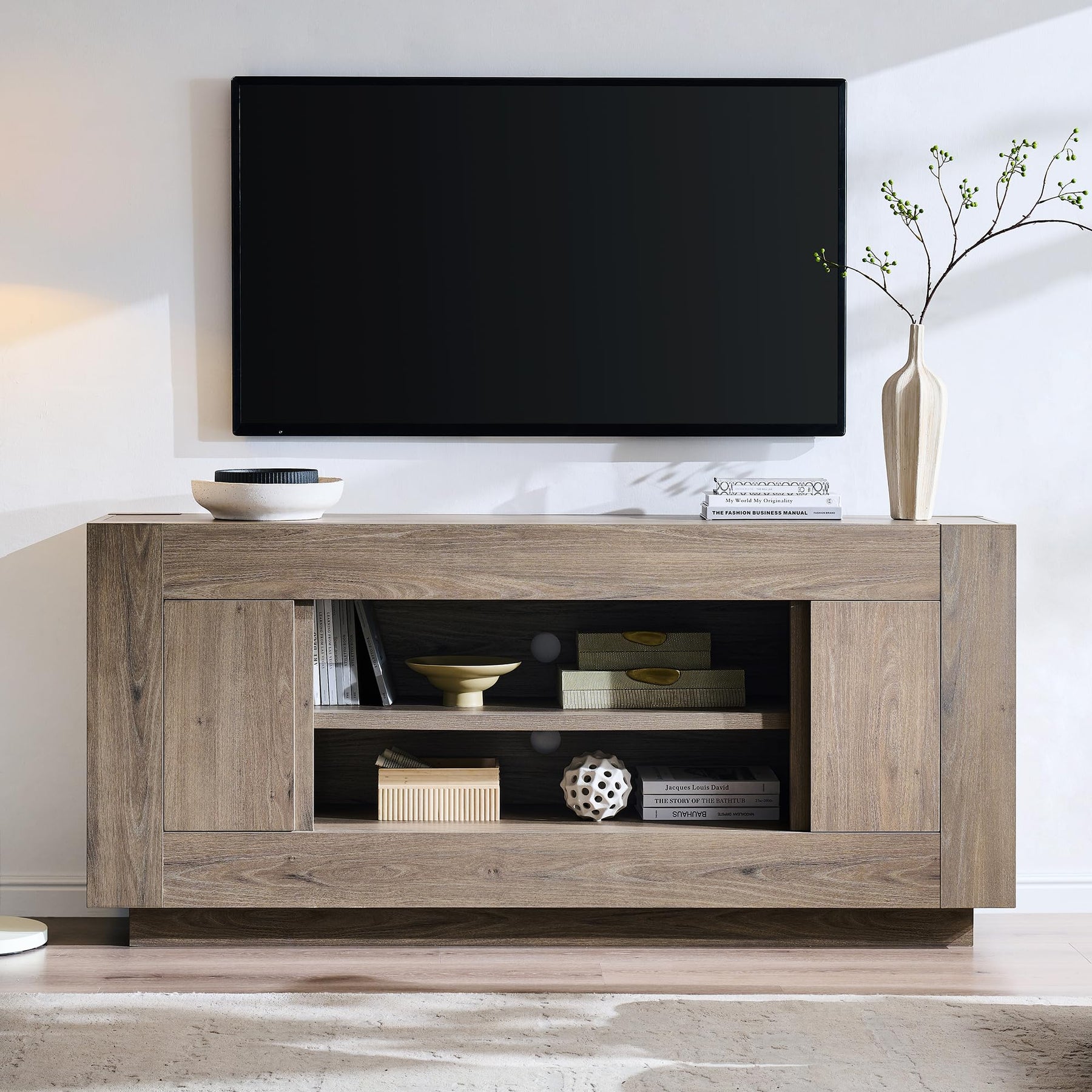 OKD 70" TV Stand for 80" TV, Thick Block Media Console, Antique White