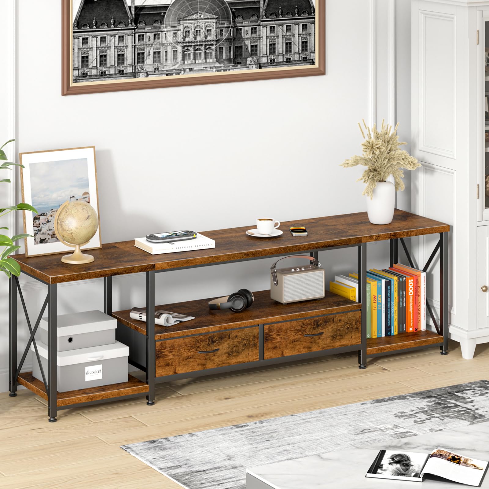GYIIYUO TV Stand with Fabric Drawer - Entertainment Center and Industrial TV Console Table with Open Storage Shelves for Living Room, Bedroom - 55.1" Rustic Brown