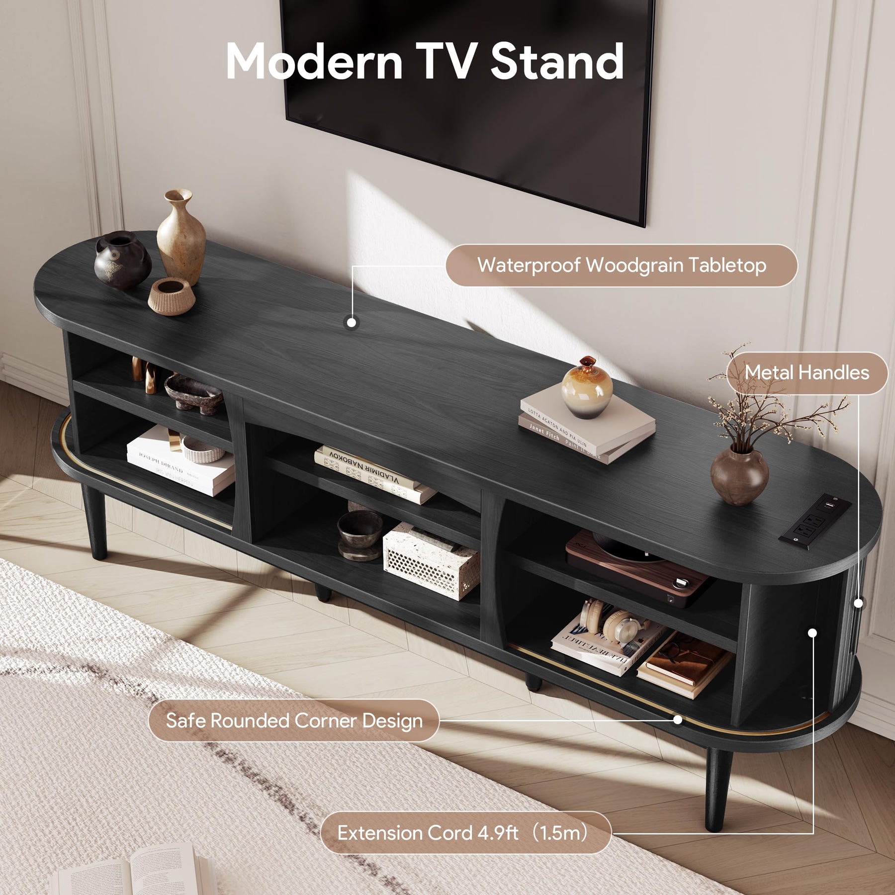 Decofy Mid Century TV Stand for TVs up to 80 Inches, Entertainment Center with Storage, Power Outlet, Fluted Sliding Doors & Adjustable Shelves, Modern Media TV Console Table for Living Room (Walnut)