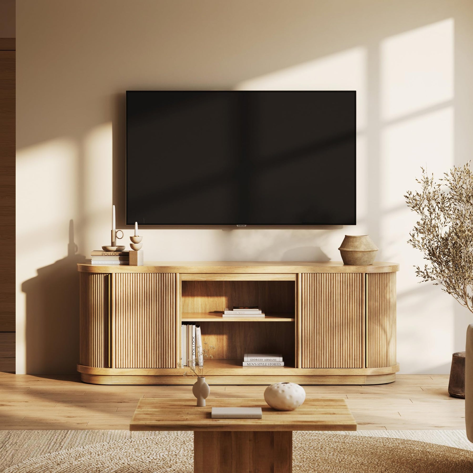 BELLEZE 67" Fluted TV Stand with Electric Fireplace Heater w/Sound, Curved Entertainment Center with Sliding Tambour Doors, Media Console Table for TV up to 75" for Living Room (Camel)