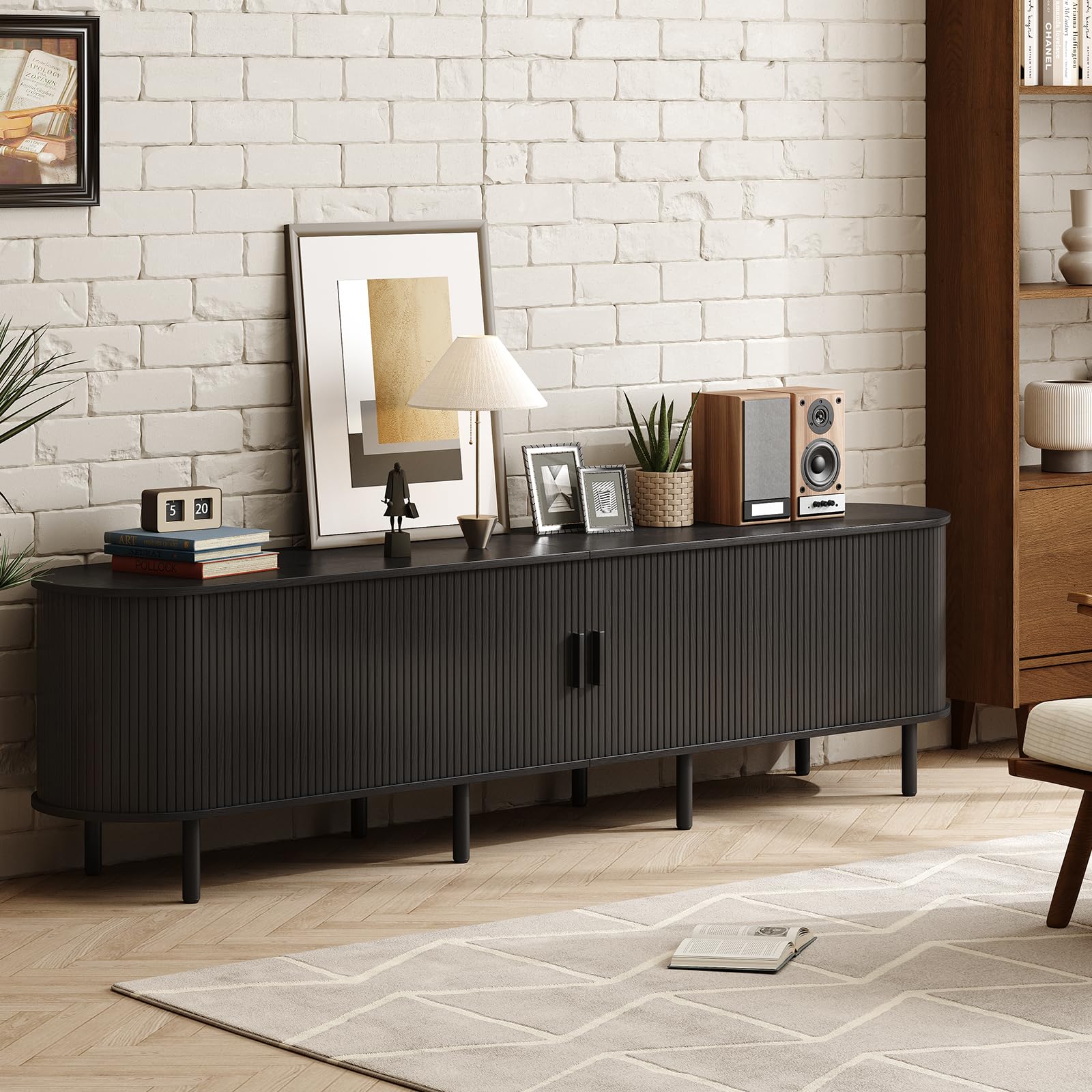 ONBRILL 70.8" TV Stand with Power Outlet for TVs up to 75 Inch, Entertainment Center with Storage and Adjustable Shelves, Modern Media Console with Sliding Doors for Living Room, Walnut