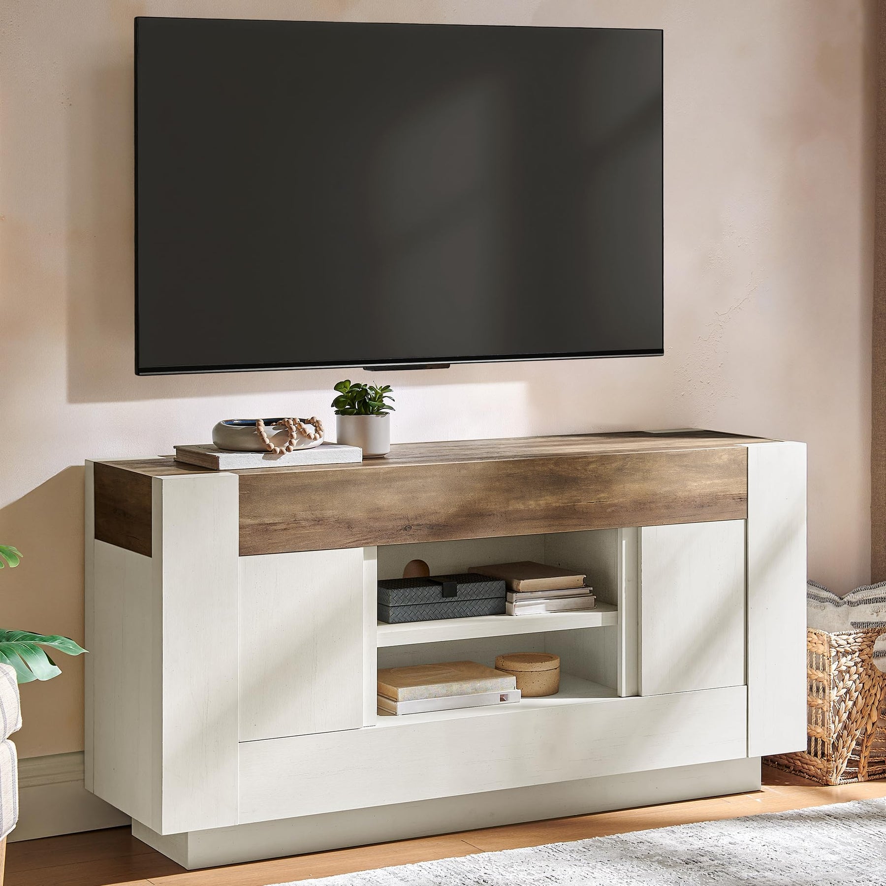 OKD 70" TV Stand for 80" TV, Thick Block Media Console, Antique White