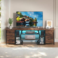 ZHNSYDN LED TV Stand for 65, 70, 80 Inch TV,71 Inch Industrial Entertainment Center with Power Outlets,Media Console Table with Open Storage Shelves & Fabric Drawers for Living Room Bedroom,Greige