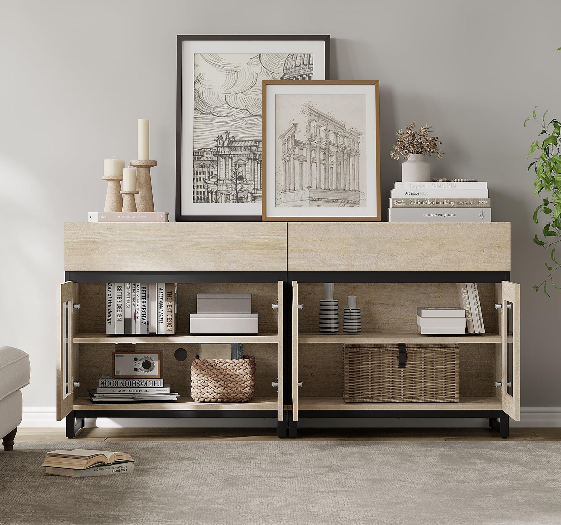 WAMPAT Modern TV Stand with Glass Doors for 80-120 inch TVs, 4 in 1 Entertainment Center Console with 4 Drawers and Metal Base for Living Room, Bedroom, Brown