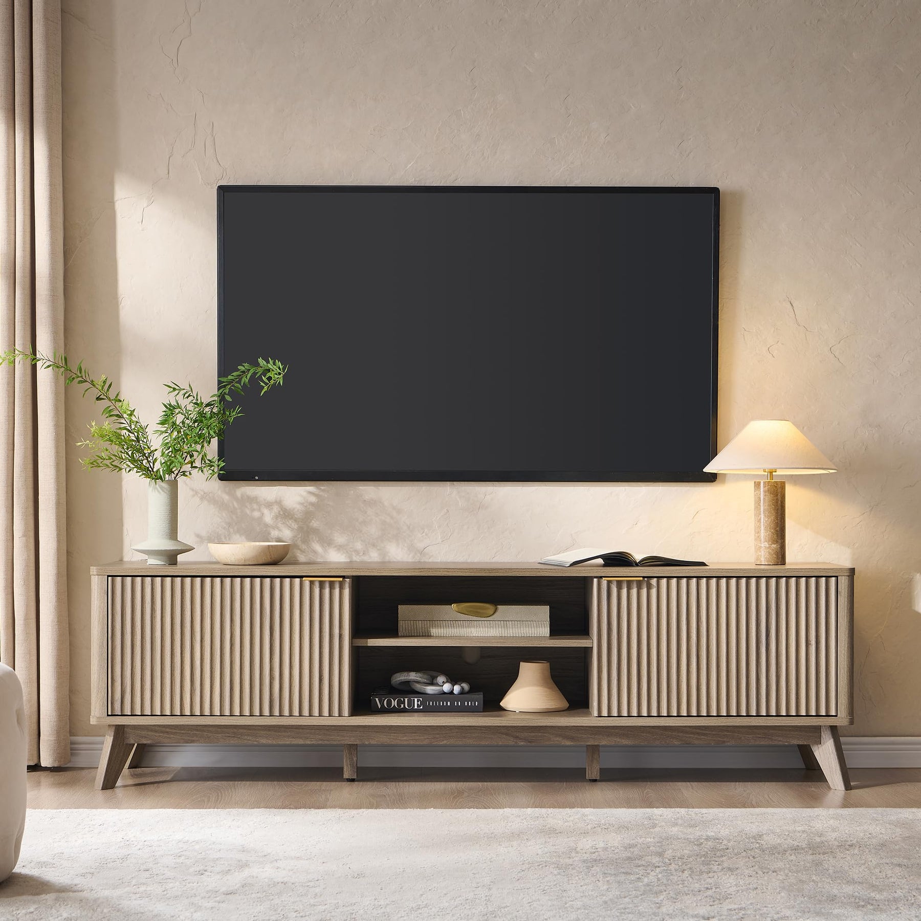 OKD 70" Mid Century Modern Fluted TV Stand w/ 2 Soft Close Door,Natural Oak