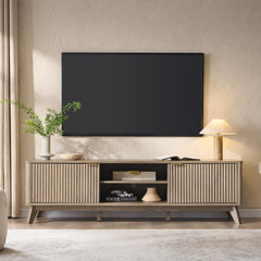 OKD 70" Mid Century Modern Fluted TV Stand w/ 2 Soft Close Door,Natural Oak