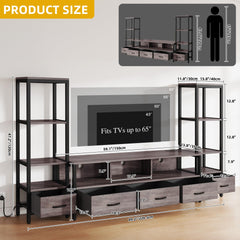 DWVO Industrial LED TV Stand for 65 Inch TVs, Entertainment Center with 2 4-Tier Bookshelves & Power Outlets, Media Console Table with 5 Drawers & Open Storage for Living Room, Grey