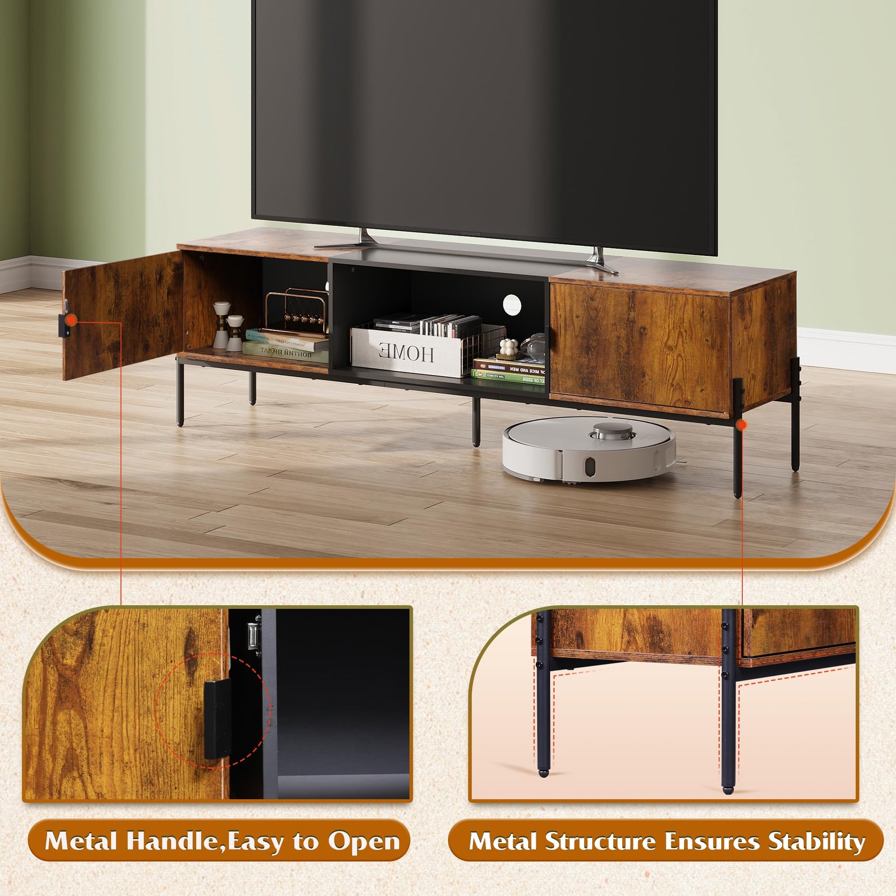 WLIVE 58" TV Stand for 65 Inch TVs, Mid Century Modern Entertainment Center with 2 Storage Cabinets & Open Shelf, Media Console Table with Metal Legs for Living Room, Bedroom, Rustic Brown