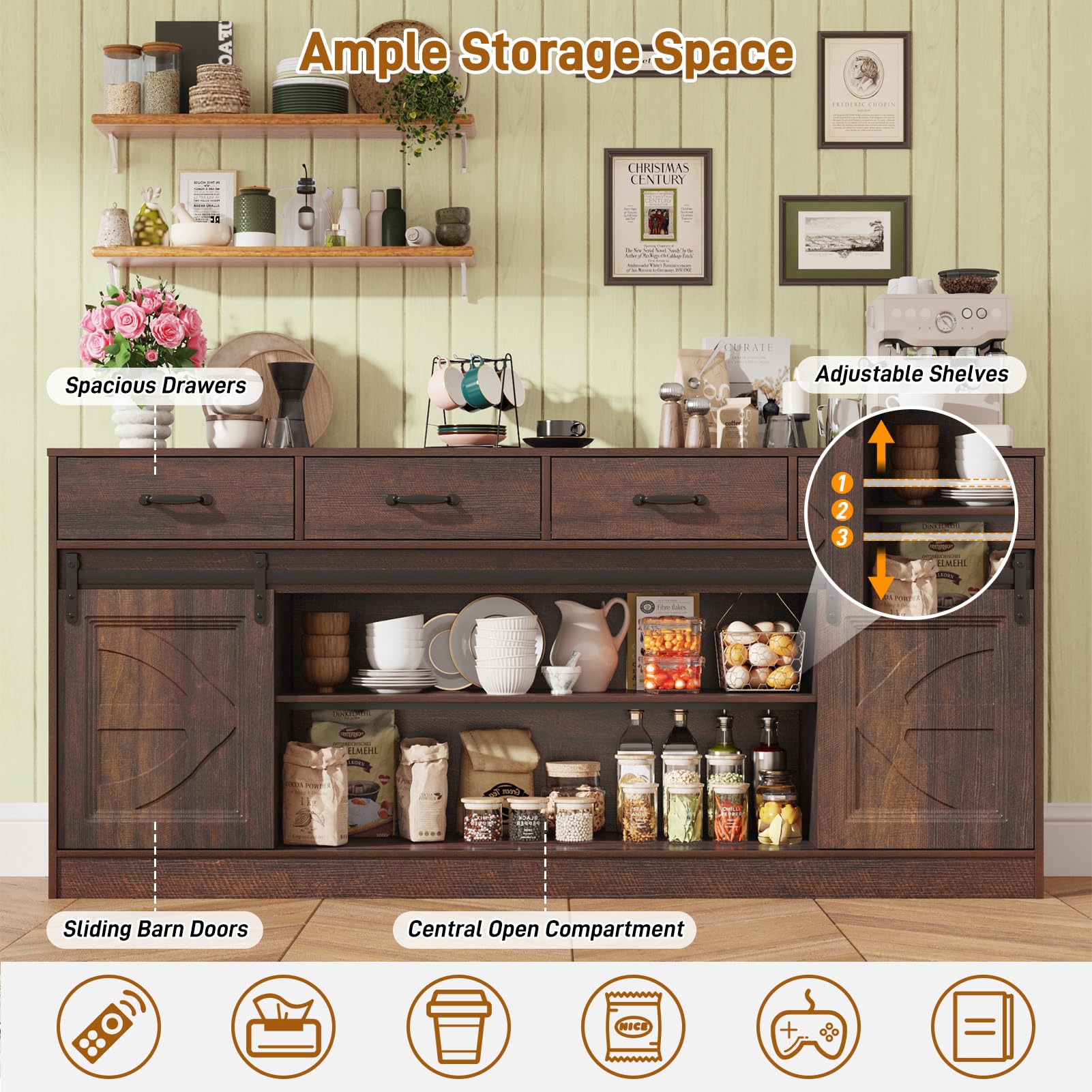 70" Large Farmhouse Tall TV Stand for 85/80/75/70 Inch TVs,4 Drawers,Brown