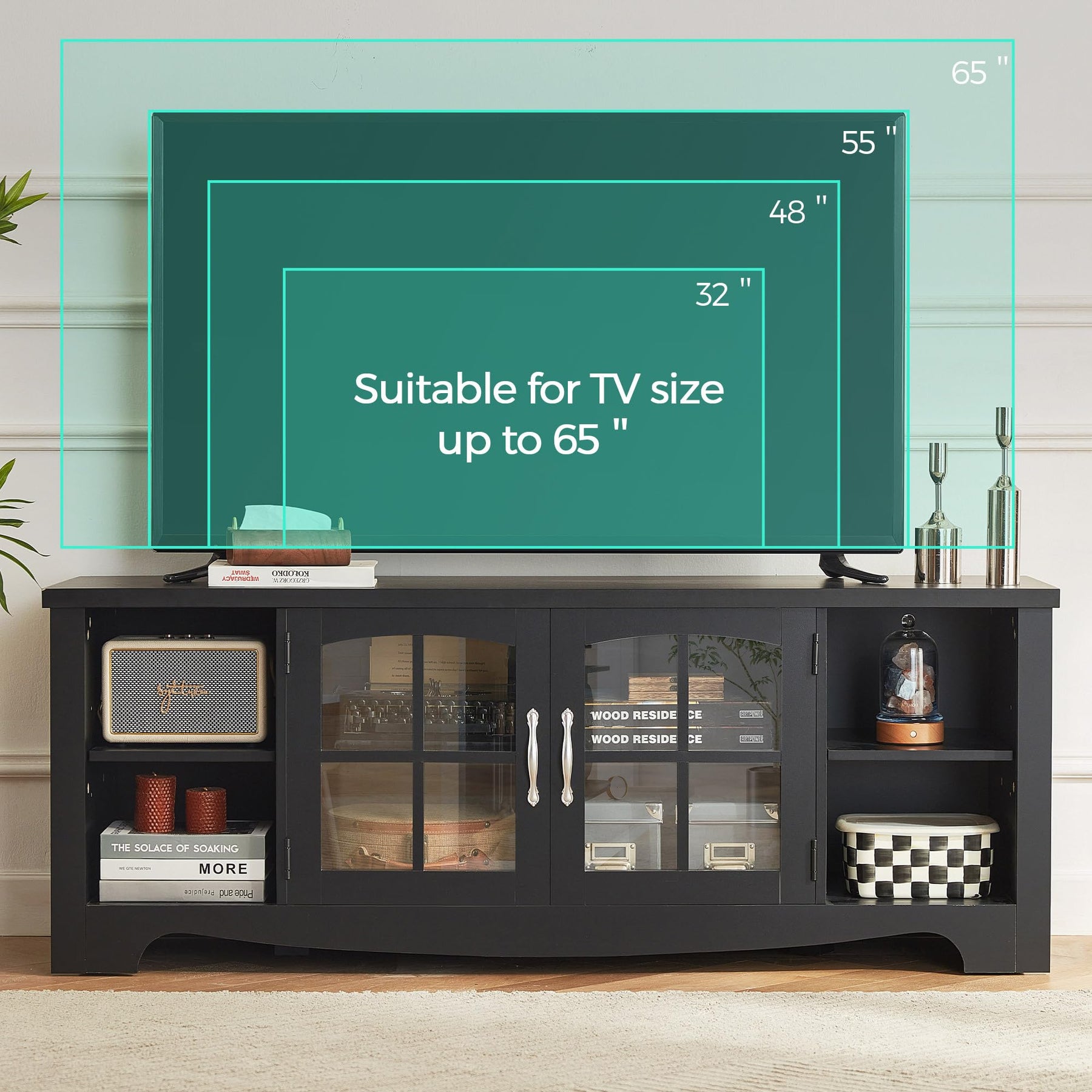 LINSY HOME Farmhouse TV Stand for 65 Inch TV, Wood Entertainment Center with Glass Door Storage Cabinet & Adjustable Shelves, Large Sturdy TV Console Table for Living Room Bedroom
