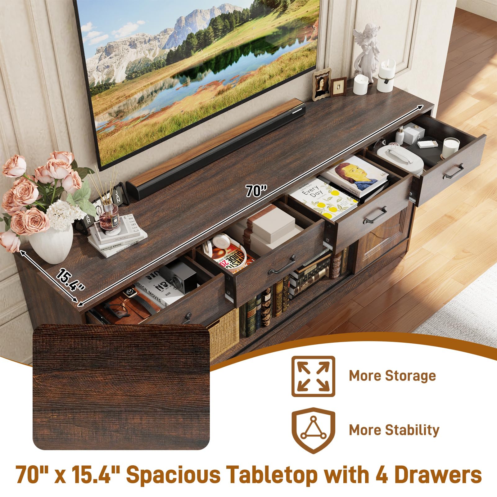70" Large Farmhouse Tall TV Stand for 85/80/75/70 Inch TVs,4 Drawers,Brown