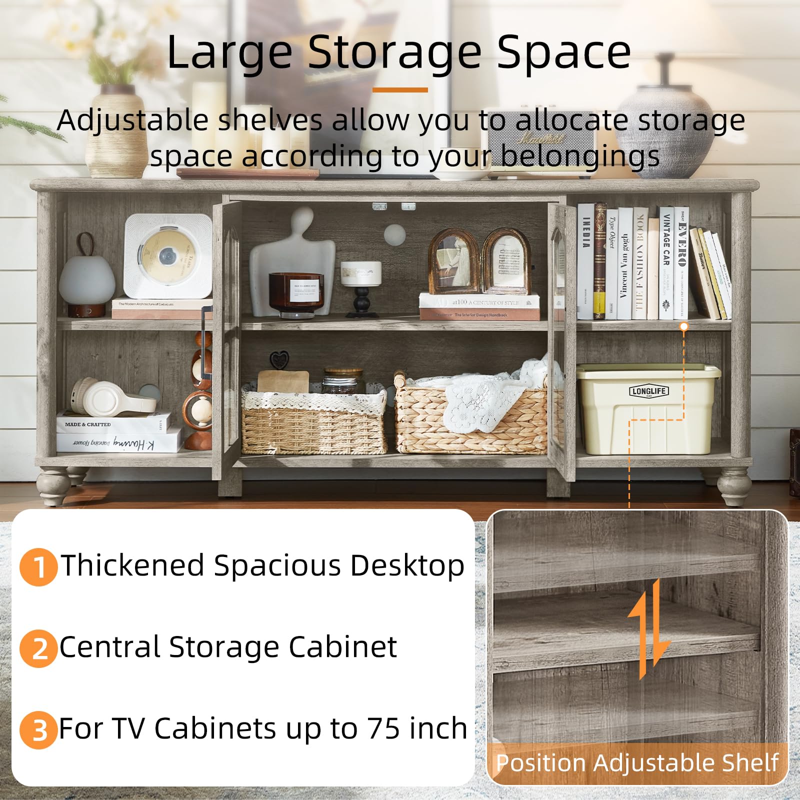 RWYHG Farmhouse TV Stand for 60 in TV, Entertainment Center for Living Room