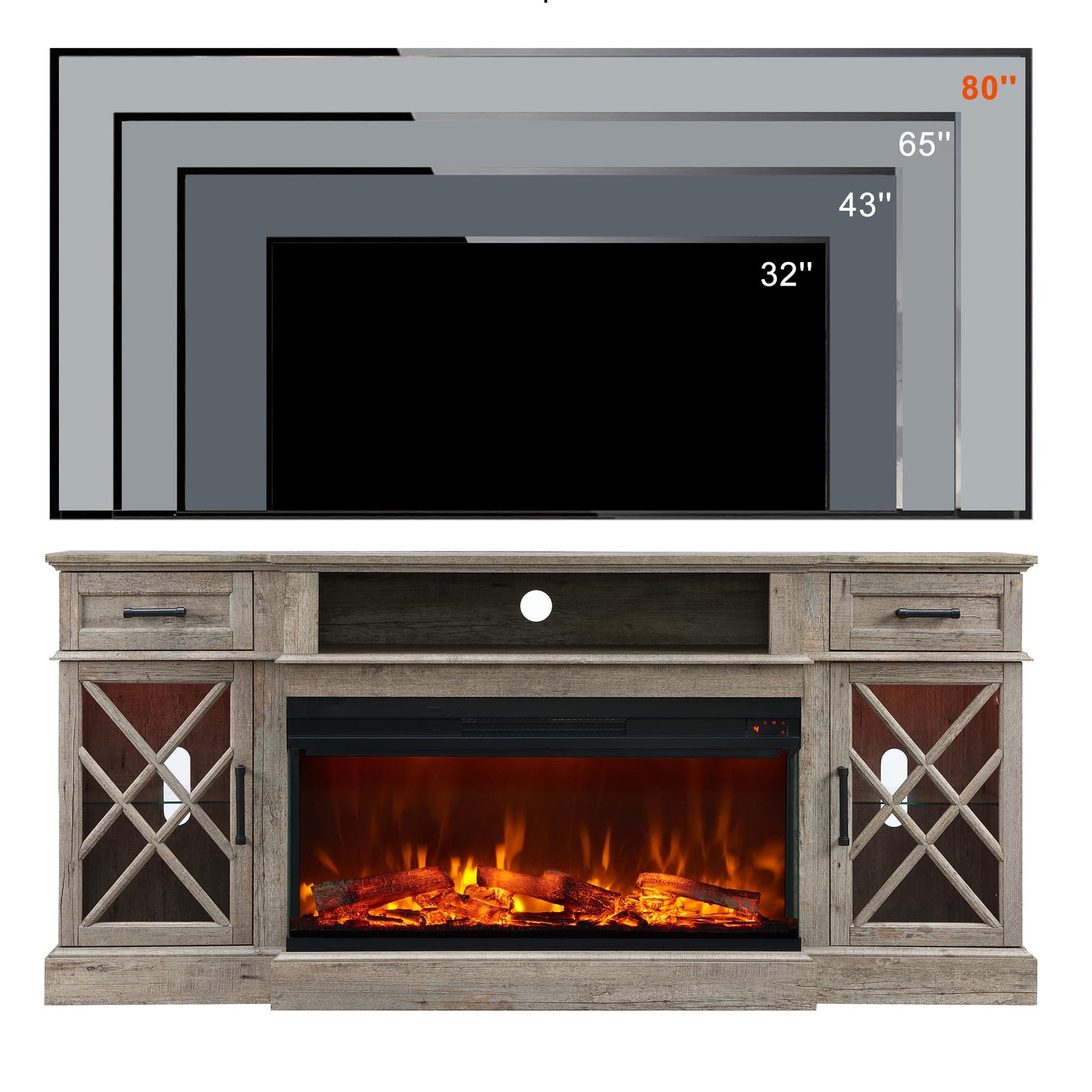 OKD 3-Sided Glass Farmhouse Electric Fireplace TV Stand for TVs up to 80'', Highboy Entertainment Center with Glass Door Storage Cabinet, 70'' Large TV Stands with 36'' Fireplace, Antique White