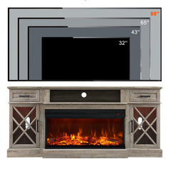 OKD 3-Sided Glass Farmhouse Electric Fireplace TV Stand for TVs up to 80'', Highboy Entertainment Center with Glass Door Storage Cabinet, 70'' Large TV Stands with 36'' Fireplace, Antique White