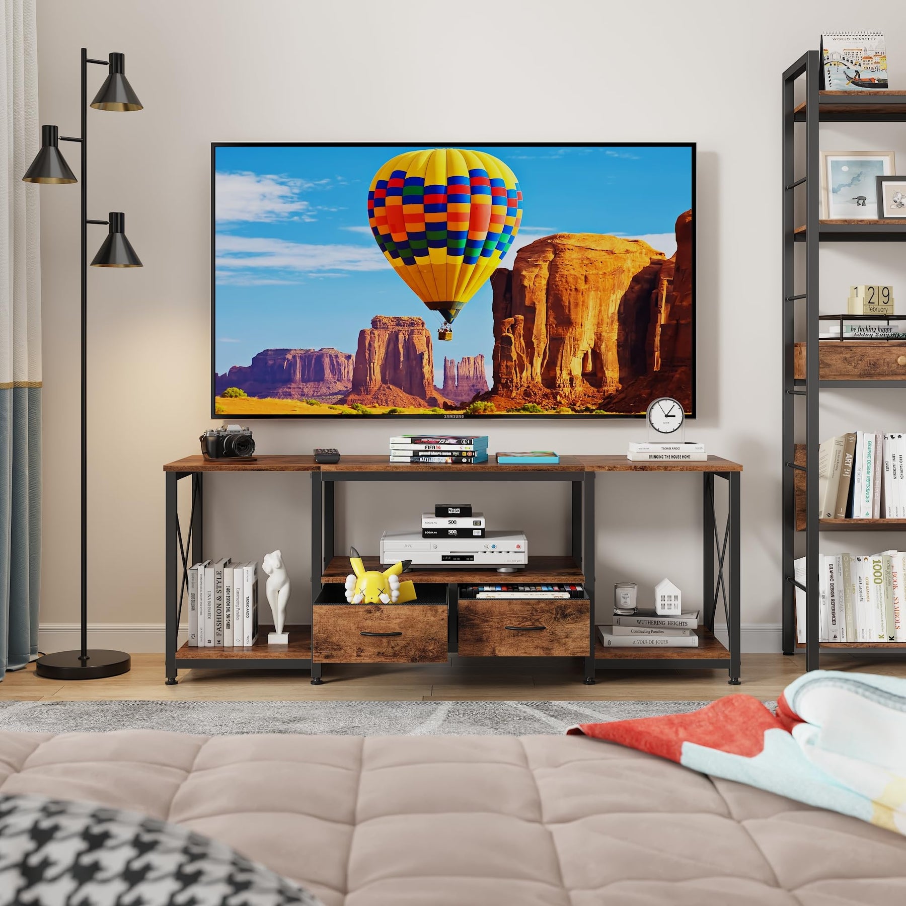 GYIIYUO TV Stand with Fabric Drawer - Entertainment Center and Industrial TV Console Table with Open Storage Shelves for Living Room, Bedroom - 55.1" Rustic Brown