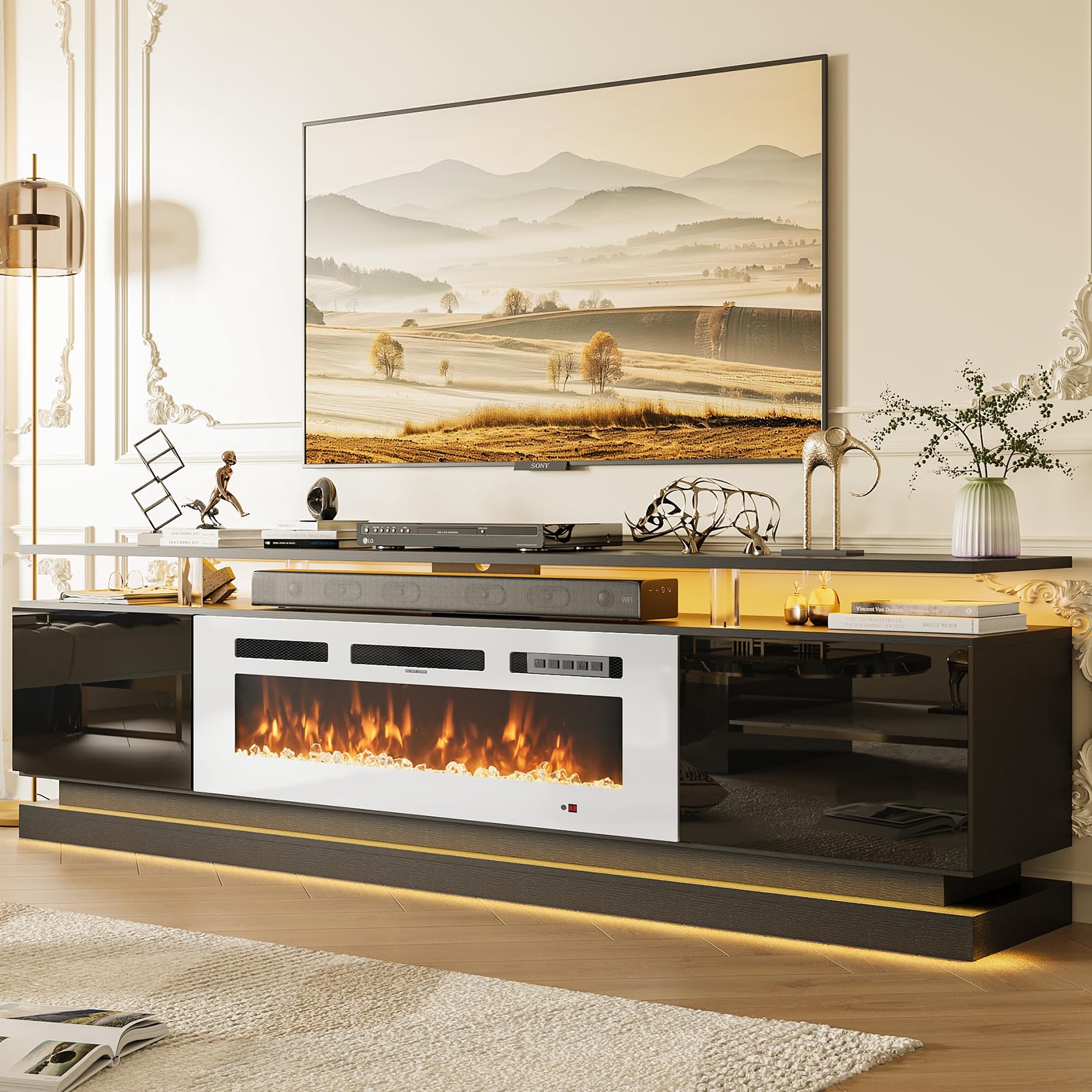 Nordivale 70" Fireplace TV Stand, Modern Entertainment Center for TVs Up to 80”, TV Console with Storage Cabinets, Media Console for Living Room, Black TV Stand and Black Fireplace