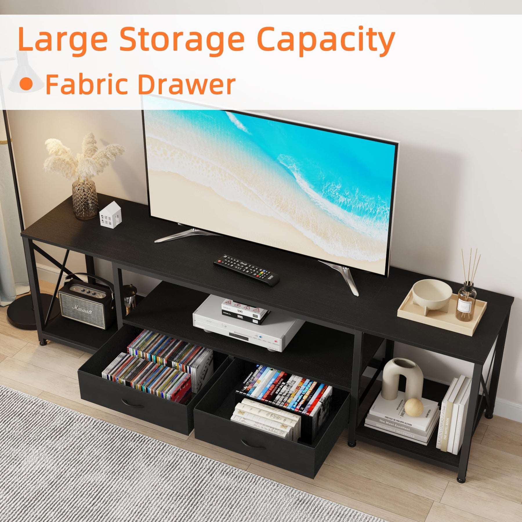 GYIIYUO TV Stand with Fabric Drawer - Entertainment Center and Industrial TV Console Table with Open Storage Shelves for Living Room, Bedroom - 55.1" Rustic Brown