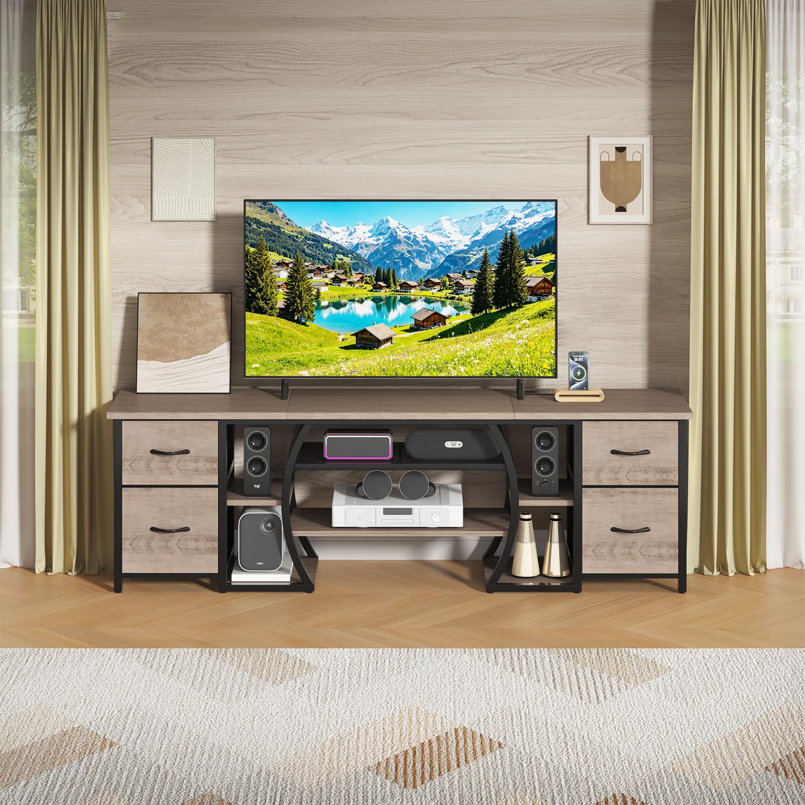 ZHNSYDN LED TV Stand for 65, 70, 80 Inch TV,71 Inch Industrial Entertainment Center with Power Outlets,Media Console Table with Open Storage Shelves & Fabric Drawers for Living Room Bedroom,Greige
