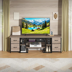 ZHNSYDN LED TV Stand for 65, 70, 80 Inch TV,71 Inch Industrial Entertainment Center with Power Outlets,Media Console Table with Open Storage Shelves & Fabric Drawers for Living Room Bedroom,Greige