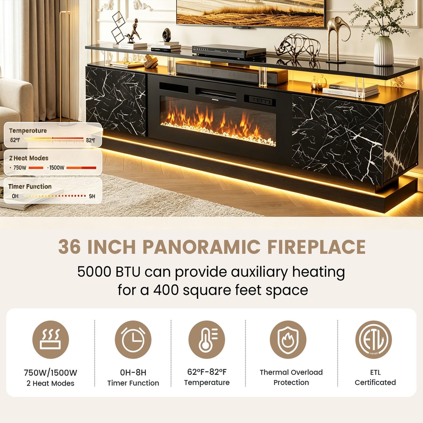 Nordivale 70" Fireplace TV Stand, Modern Entertainment Center for TVs Up to 80”, TV Console with Storage Cabinets, Media Console for Living Room, Black TV Stand and Black Fireplace