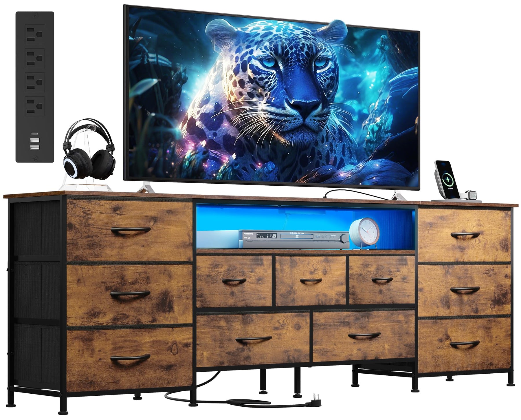 WLIVE LED Dresser TV Stand for 65 Inch TV, 8 Drawers, Rustic Brown